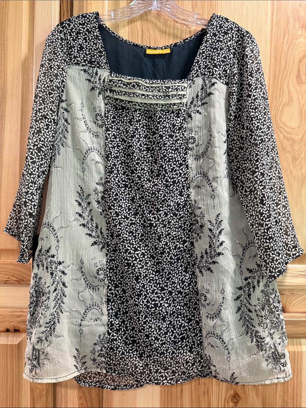 Mustard Boho Artsy Black & Cream Mixed-Print Women's Square Neck Tunic Top Sz 10